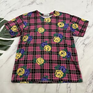 So-En Womens Vintage 90s Tee Size L Pink Yellow Plaid Rose Floral Short Sleeve